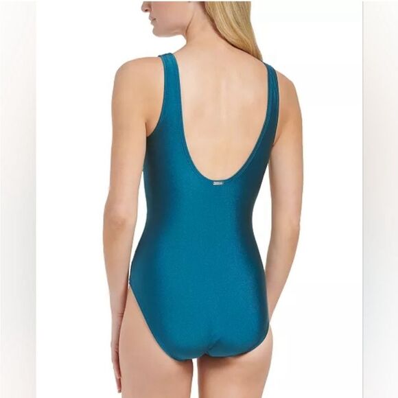 NWOT Calvin Klein | Cypress Shimmer Scoop Back Pleated One Piece Swimsuit 12 - Picture 3 of 12